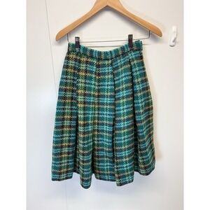 Vintage Wool Skirt Womens XS/S Green/purple Plaid Pleated  70s Flawed